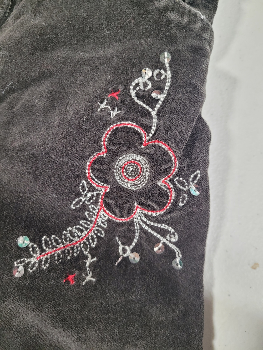 Hestra Black Corduroy Skinny Pants with Pink Floral Stitching - Picture 2 of 4